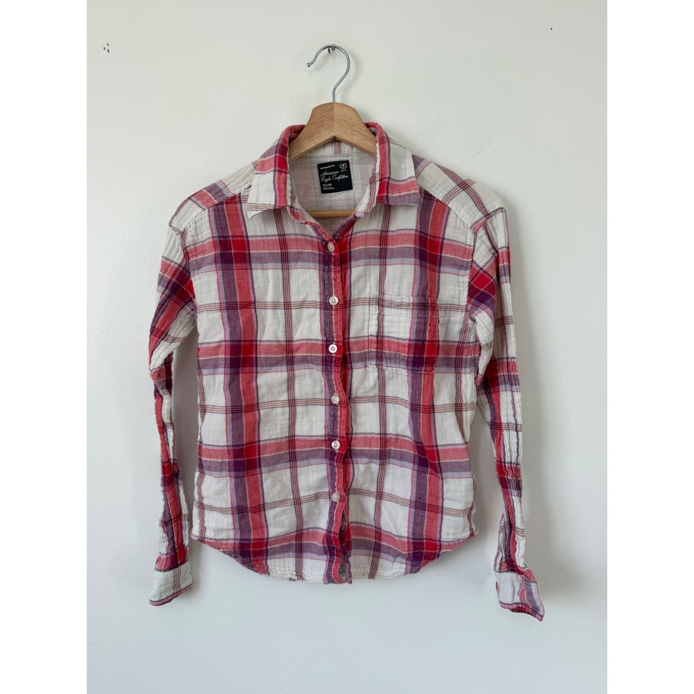 Vintage American Eagle Y2K Pink & Purple Flannel Button-Down – XS
